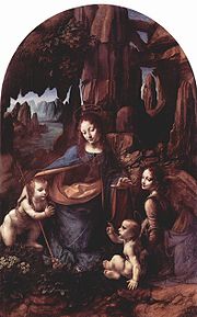 leo sobre painel, "A virgem das rochas", de Leonardo Da Vinci